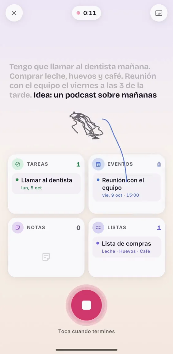 Durante el vaciado mental, las ideas se ordenan en notas, tareas, eventos y listas