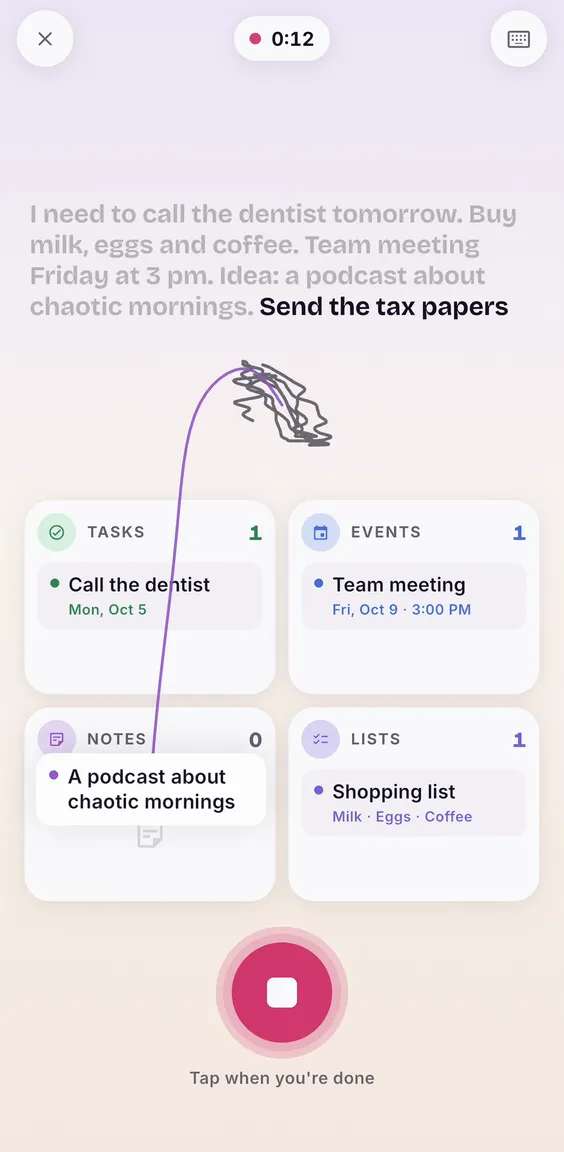 Mid brain dump: a thread carries “A podcast about chaotic mornings” into Notes while tasks, events and lists fill up