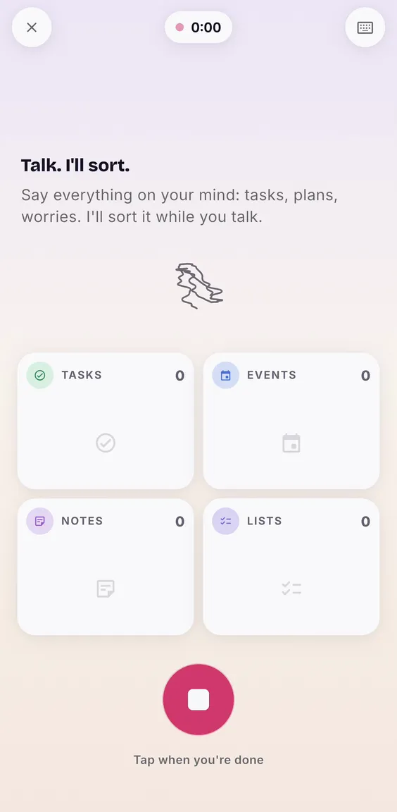 BrainSort's voice screen, ready to listen: “Talk. I'll sort.”